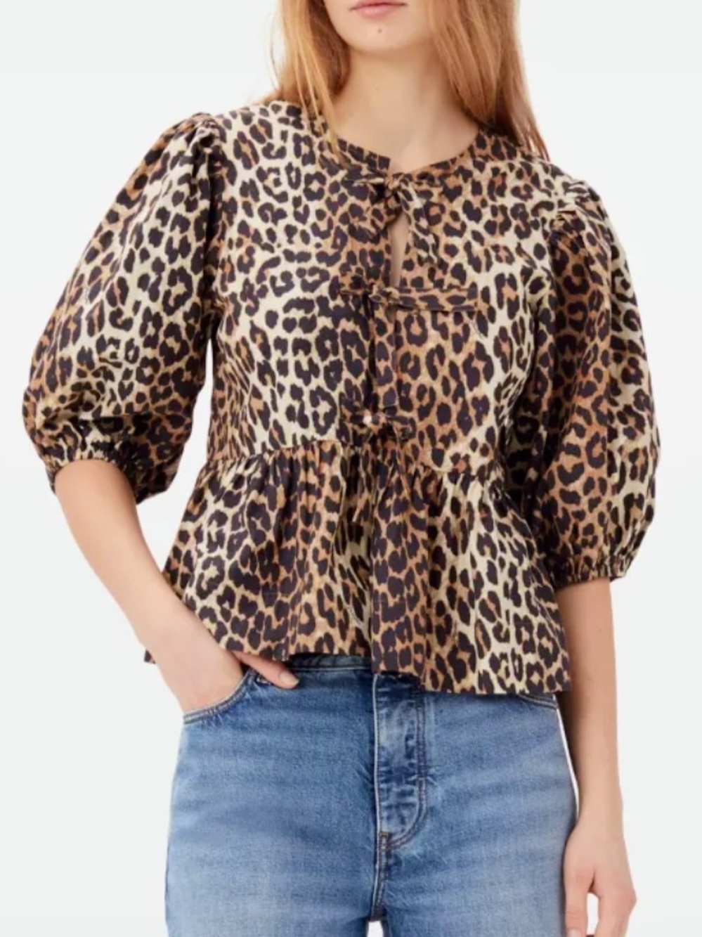 Leopard Print Puff Sleeve Peplum Top - Brown